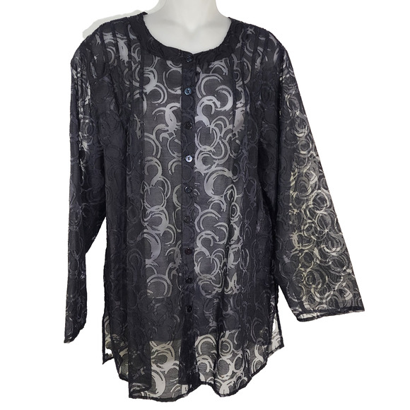 Saint Tropez West Tunic Shirt Women Plus 1X Black Linen Blend Button Sheer Pleat - Picture 1 of 10
